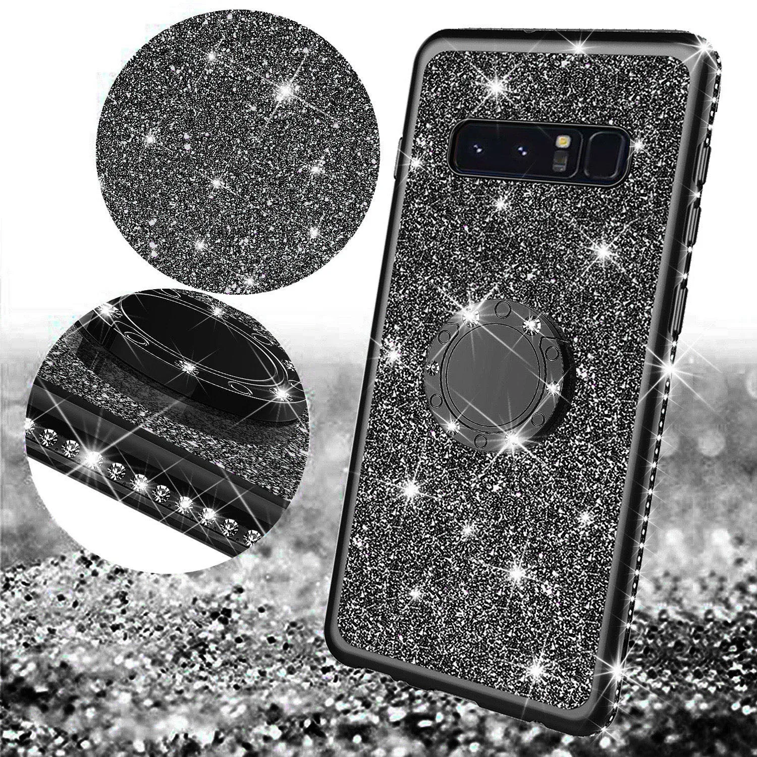 Samsung Galaxy S10 Case, Glitter Cute Phone Case Girls with Kickstand, Bling Diamond Rhinestone Bumper Ring Stand Sparkly Luxury Clear Thin Soft Protective Samsung Galaxy S10 Cover for Girl Women - Black