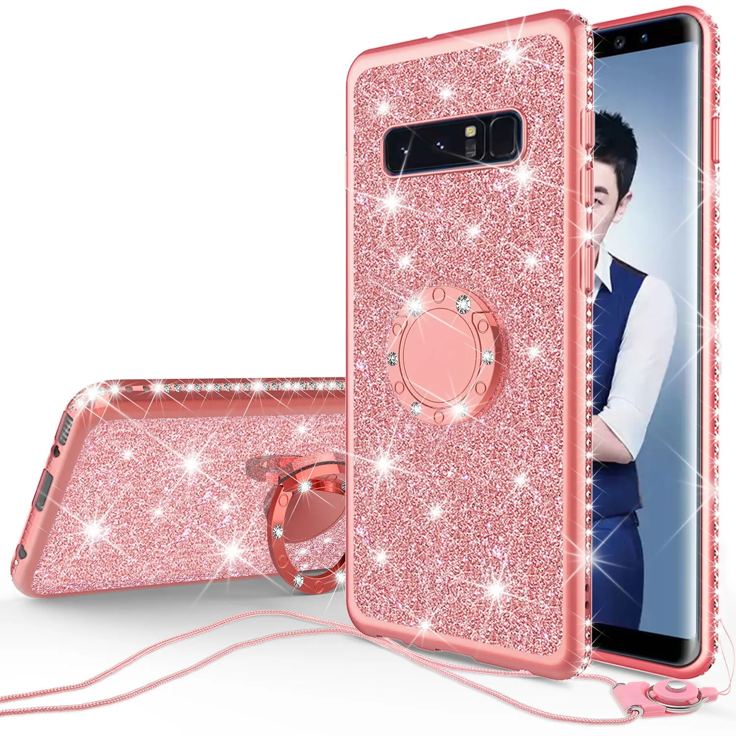 Samsung Galaxy S10e Case, Glitter Cute Phone Case Girls with Kickstand, Bling Diamond Rhinestone Bumper Ring Stand Sparkly Luxury Clear Thin Soft Protective Samsung Galaxy S10e Cover for Girl Women - Rose Gold