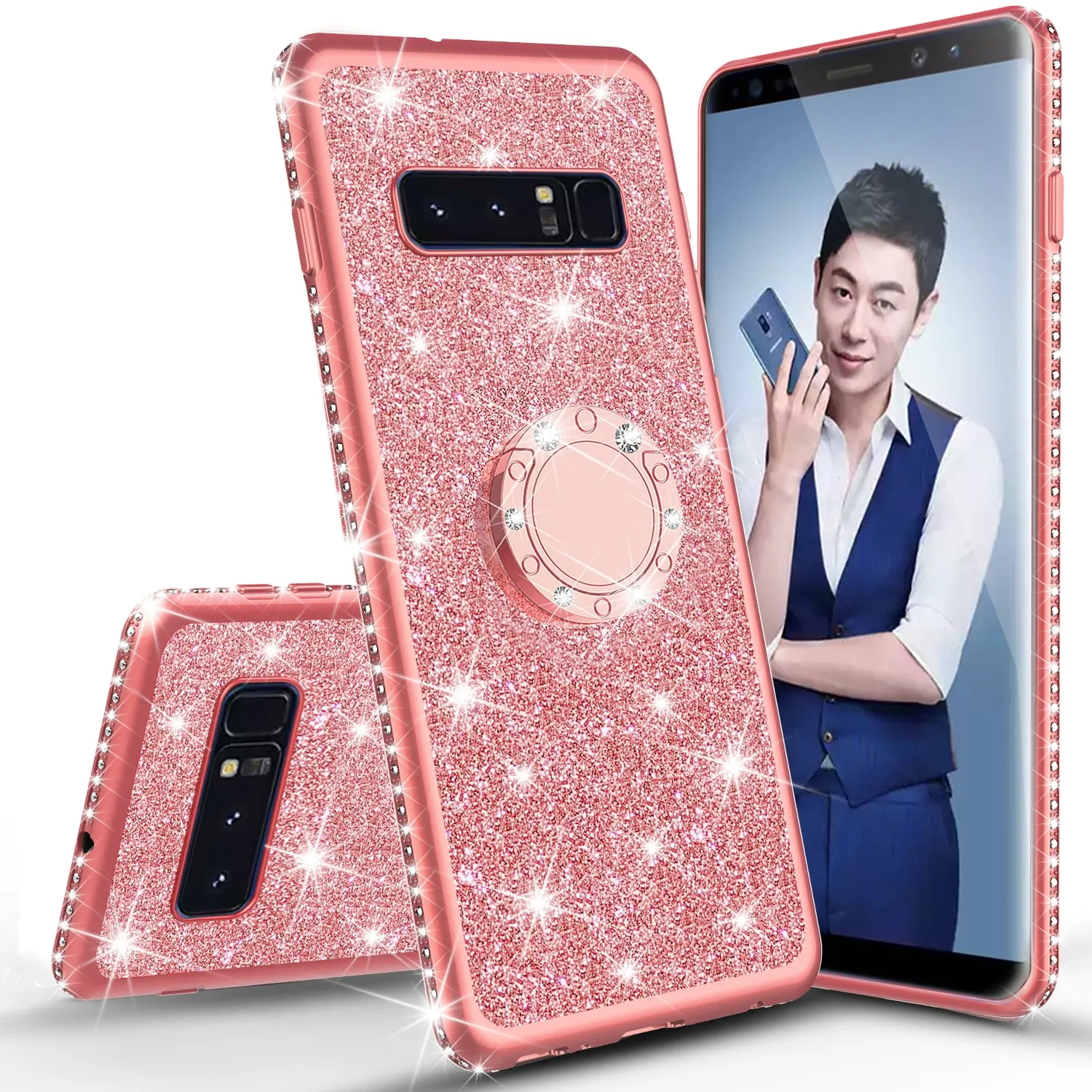 Samsung Galaxy S10e Case, Glitter Cute Phone Case Girls with Kickstand, Bling Diamond Rhinestone Bumper Ring Stand Sparkly Luxury Clear Thin Soft Protective Samsung Galaxy S10e Cover for Girl Women - Rose Gold