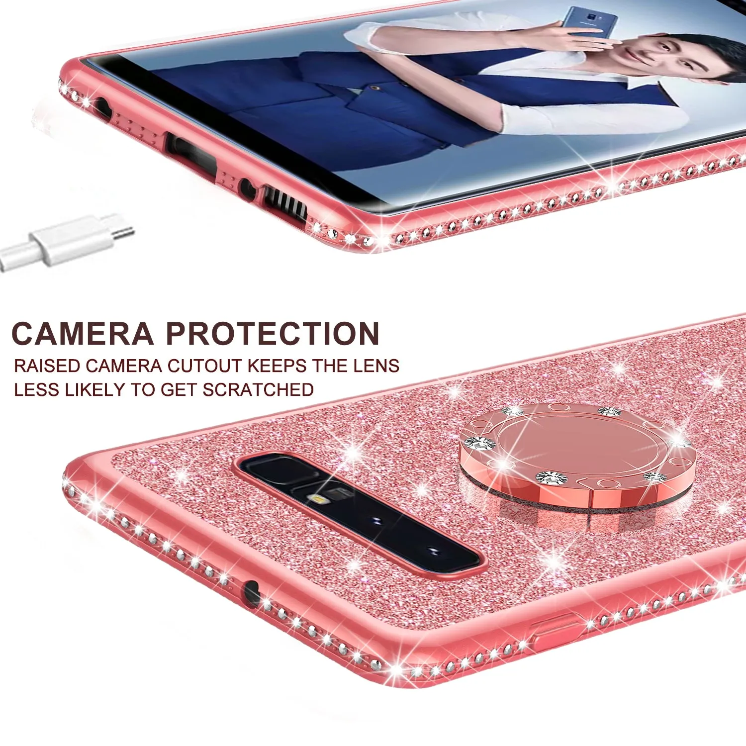 Samsung Galaxy S10e Case, Glitter Cute Phone Case Girls with Kickstand, Bling Diamond Rhinestone Bumper Ring Stand Sparkly Luxury Clear Thin Soft Protective Samsung Galaxy S10e Cover for Girl Women - Rose Gold