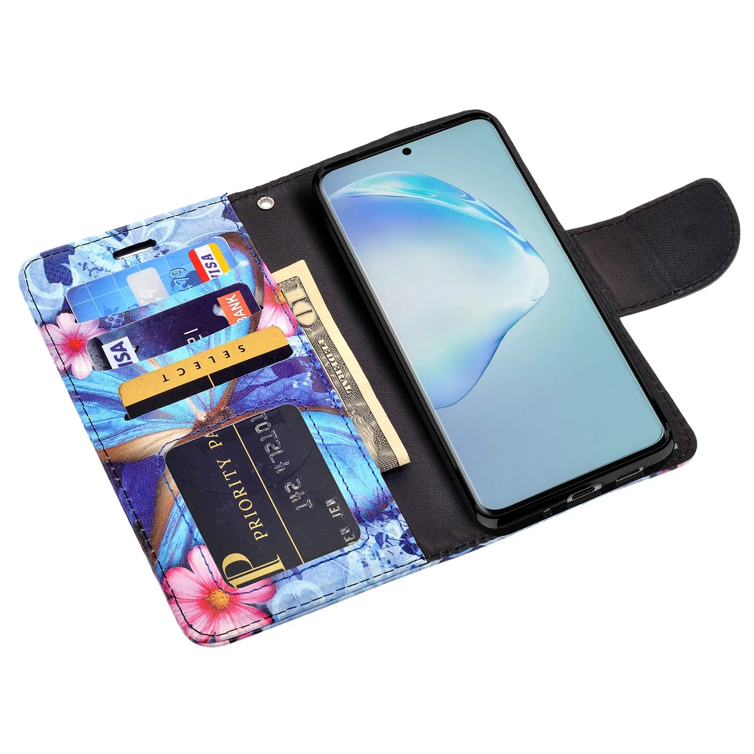 Samsung Galaxy S20 Case, Galaxy S20 Wallet Case, Wrist Strap Pu Leather Wallet Case [Kickstand] with ID & Credit Card Slots - Blue Butterfly