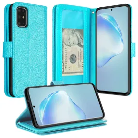 Samsung Galaxy S20  Case, Samsung Galaxy S20 Plus Case, Glitter Faux Leather Flip Credit Card Holder Wrist Strap Shockproof Protective Wallet Case Clutch for Galaxy S20 Plus/Galaxy S20  - Teal