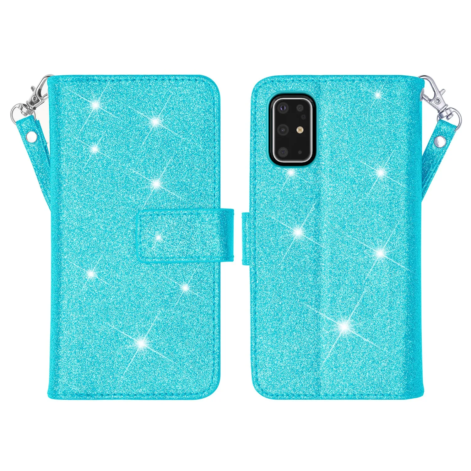 Samsung Galaxy S20  Case, Samsung Galaxy S20 Plus Case, Glitter Faux Leather Flip Credit Card Holder Wrist Strap Shockproof Protective Wallet Case Clutch for Galaxy S20 Plus/Galaxy S20  - Teal