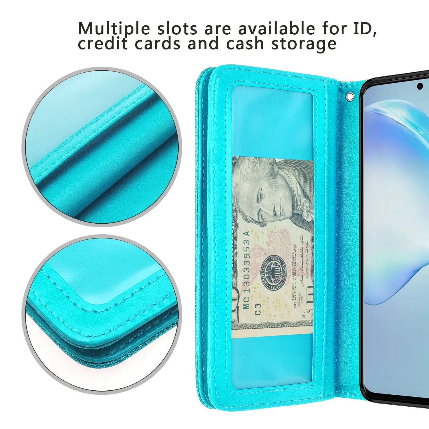 Samsung Galaxy S20  Case, Samsung Galaxy S20 Plus Case, Glitter Faux Leather Flip Credit Card Holder Wrist Strap Shockproof Protective Wallet Case Clutch for Galaxy S20 Plus/Galaxy S20  - Teal