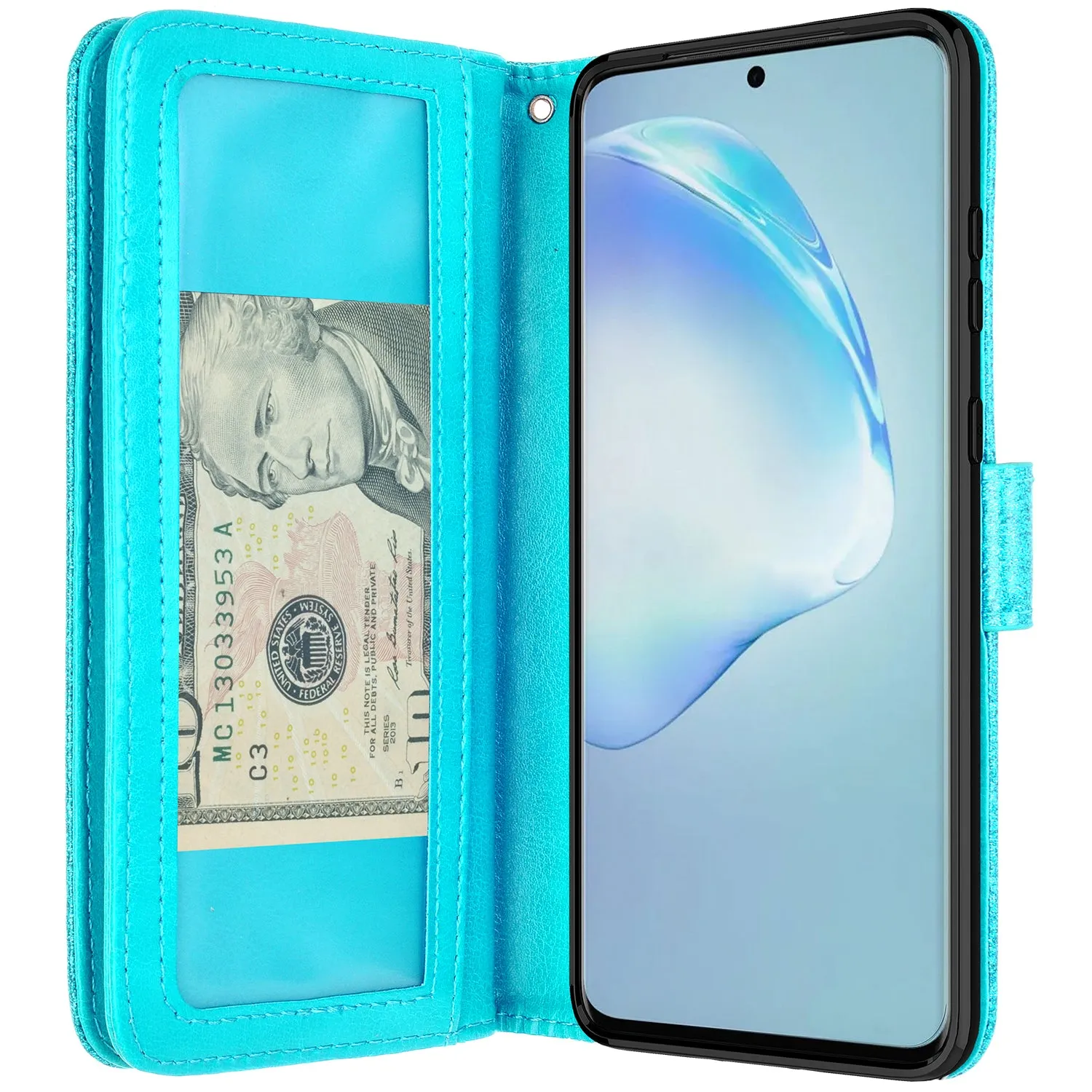 Samsung Galaxy S20  Case, Samsung Galaxy S20 Plus Case, Glitter Faux Leather Flip Credit Card Holder Wrist Strap Shockproof Protective Wallet Case Clutch for Galaxy S20 Plus/Galaxy S20  - Teal