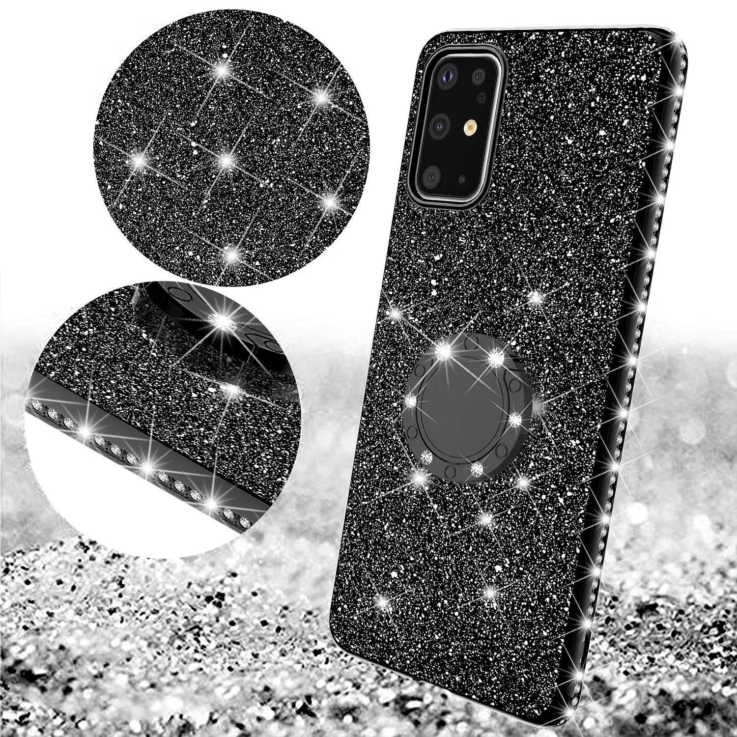 Samsung Galaxy S20 Ultra Case, Glitter Cute Phone Case Girls with Kickstand,Bling Diamond Rhinestone Bumper Ring Stand Sparkly Luxury Clear Thin Soft Protective Samsung Galaxy S20 Ultra Case for Girl Women - Black