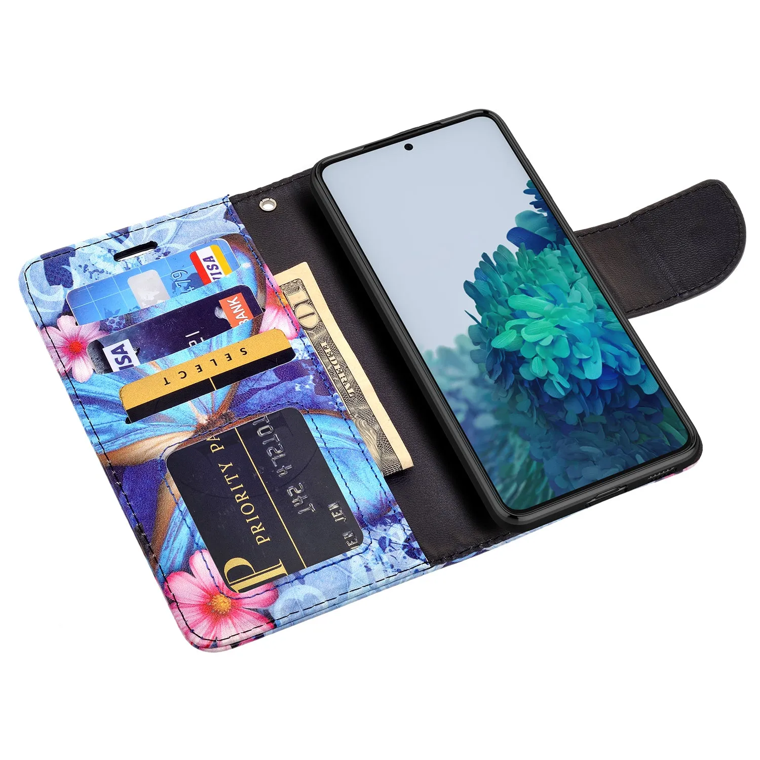 Samsung Galaxy S21  Case, Galaxy S21 Plus Wallet Case, Wrist Strap Pu Leather Wallet Case [Kickstand] with ID & Credit Card Slots - Blue Butterfly