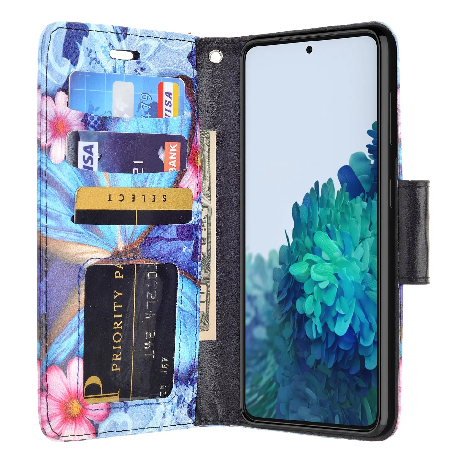 Samsung Galaxy S21  Case, Galaxy S21 Plus Wallet Case, Wrist Strap Pu Leather Wallet Case [Kickstand] with ID & Credit Card Slots - Blue Butterfly