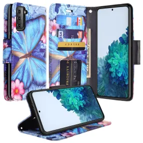 Samsung Galaxy S21  Case, Galaxy S21 Plus Wallet Case, Wrist Strap Pu Leather Wallet Case [Kickstand] with ID & Credit Card Slots - Blue Butterfly