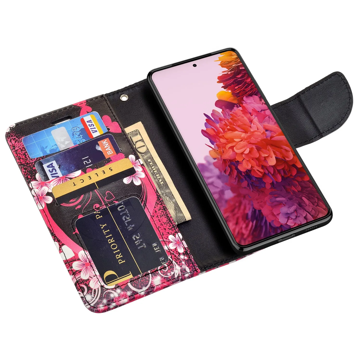 Samsung Galaxy S21 Ultra Case, Galaxy S21 Ultra Wallet Case, Wrist Strap Pu Leather Wallet Case [Kickstand] with ID & Credit Card Slots - Heart Butterflies