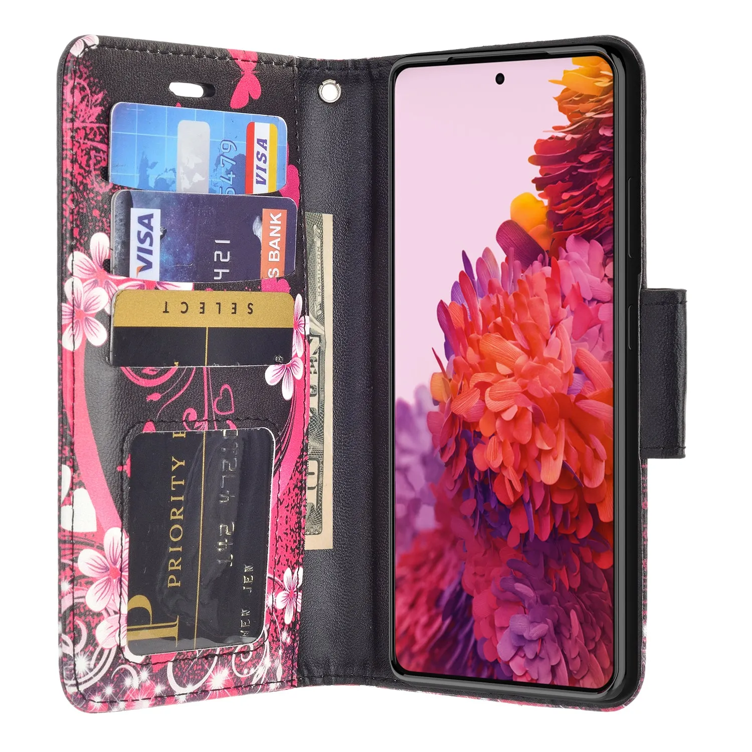 Samsung Galaxy S21 Ultra Case, Galaxy S21 Ultra Wallet Case, Wrist Strap Pu Leather Wallet Case [Kickstand] with ID & Credit Card Slots - Heart Butterflies