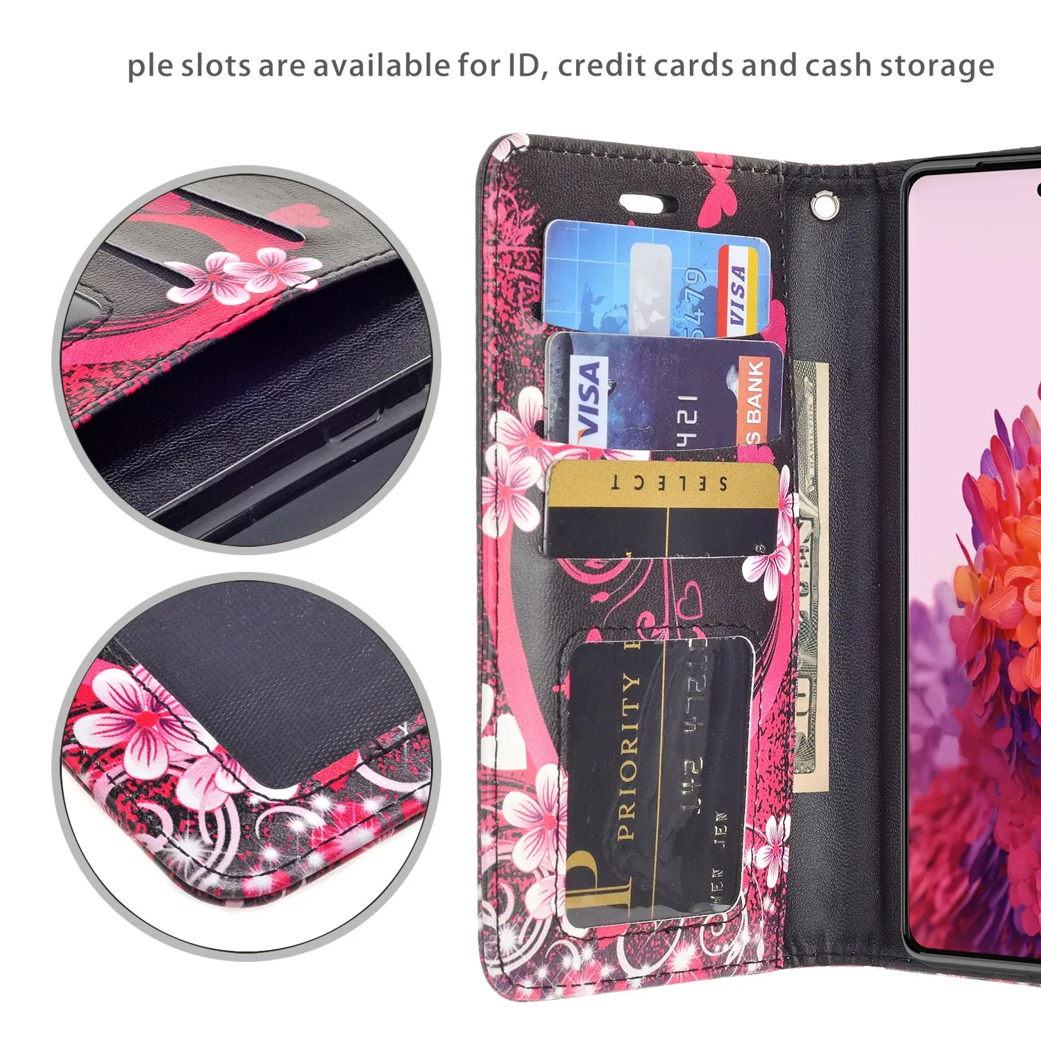 Samsung Galaxy S21 Ultra Case, Galaxy S21 Ultra Wallet Case, Wrist Strap Pu Leather Wallet Case [Kickstand] with ID & Credit Card Slots - Heart Butterflies