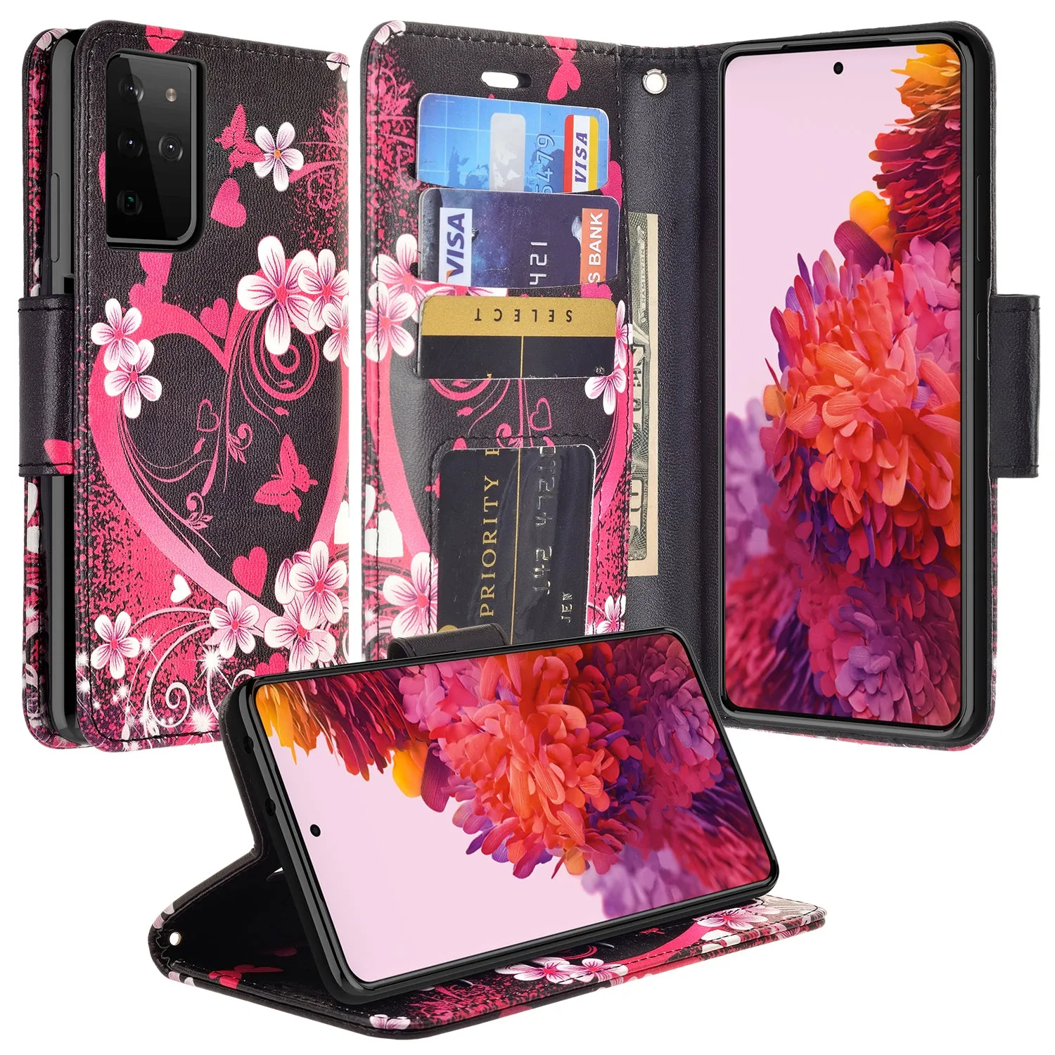 Samsung Galaxy S21 Ultra Case, Galaxy S21 Ultra Wallet Case, Wrist Strap Pu Leather Wallet Case [Kickstand] with ID & Credit Card Slots - Heart Butterflies