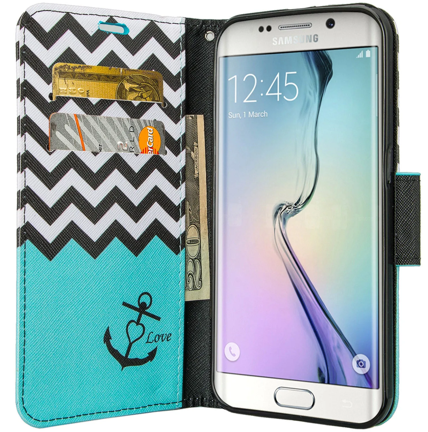 Samsung Galaxy S6 Edge Plus Case, Wrist Strap Magnetic Flip Fold[Kickstand] Pu Leather Wallet Case with ID & Card Slots - Teal Anchor