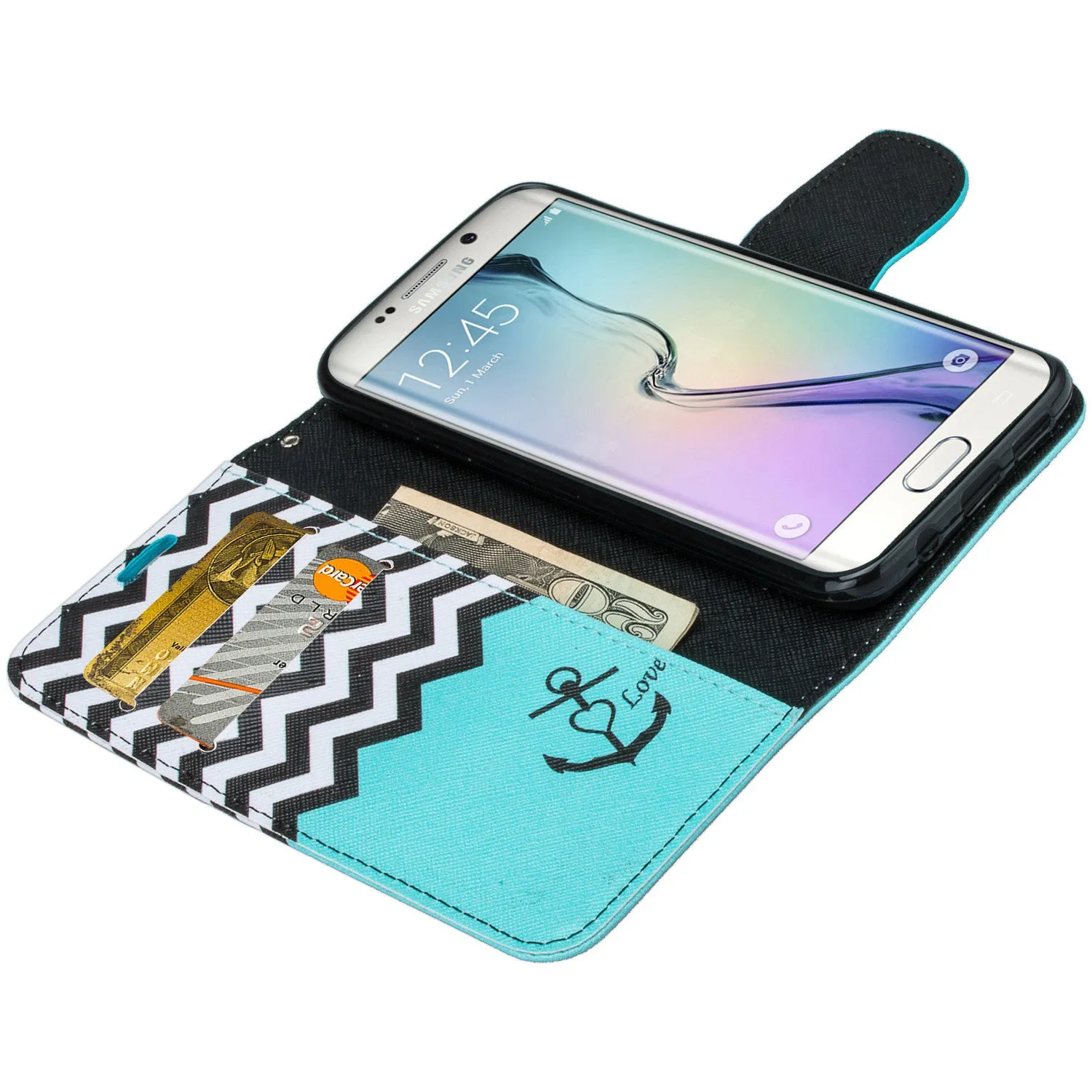 Samsung Galaxy S6 Edge Plus Case, Wrist Strap Magnetic Flip Fold[Kickstand] Pu Leather Wallet Case with ID & Card Slots - Teal Anchor