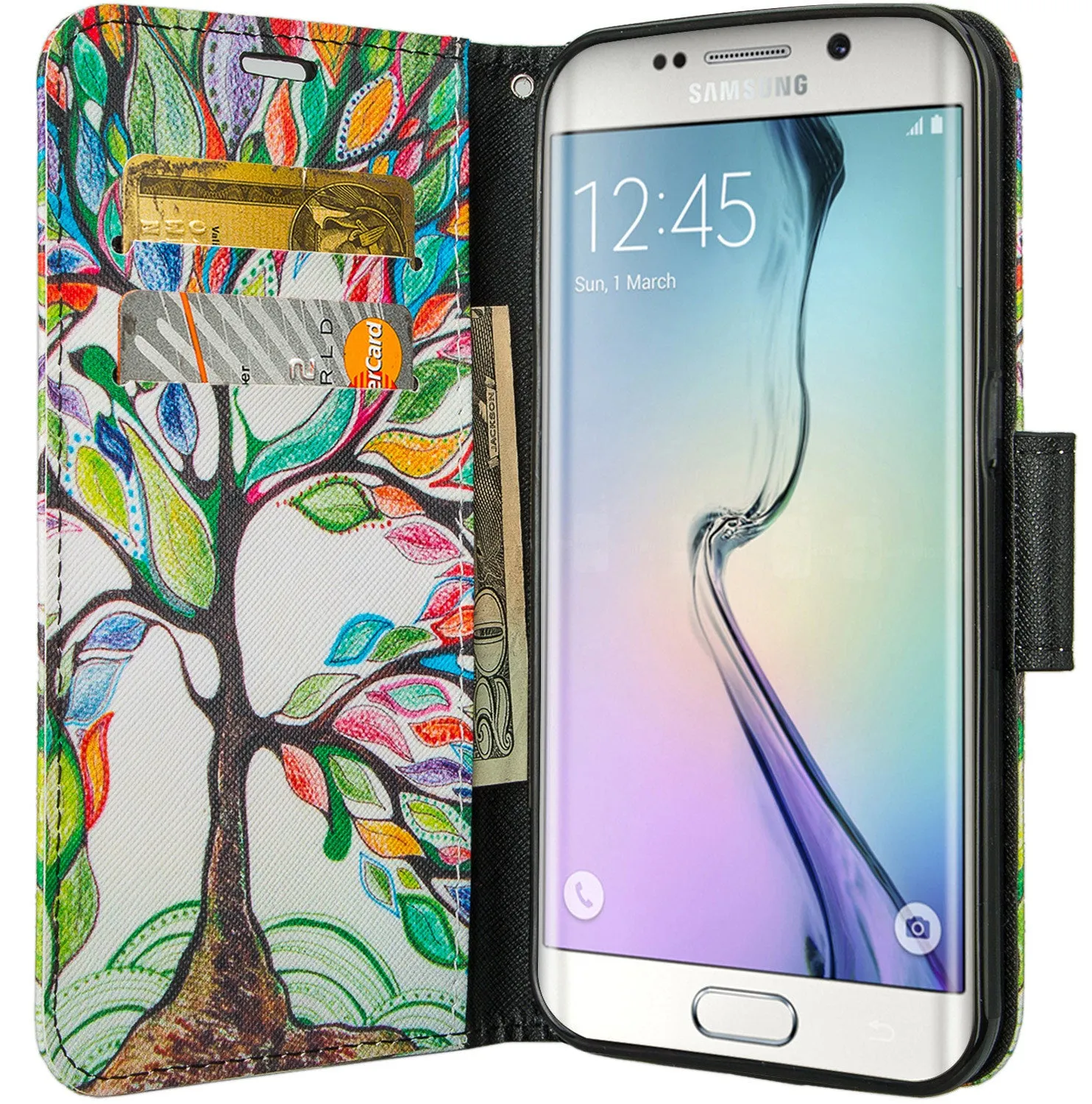 Samsung Galaxy S7 Edge Wallet Case, Wrist Strap Pu Leather Magnetic Flip Fold[Kickstand] with ID & Card Slots for Galaxy S7 Edge - Colorful Tree