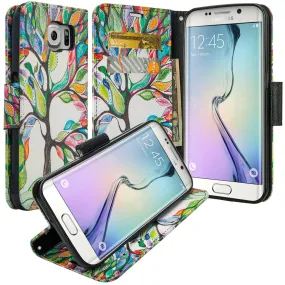 Samsung Galaxy S7 Edge Wallet Case, Wrist Strap Pu Leather Magnetic Flip Fold[Kickstand] with ID & Card Slots for Galaxy S7 Edge - Colorful Tree