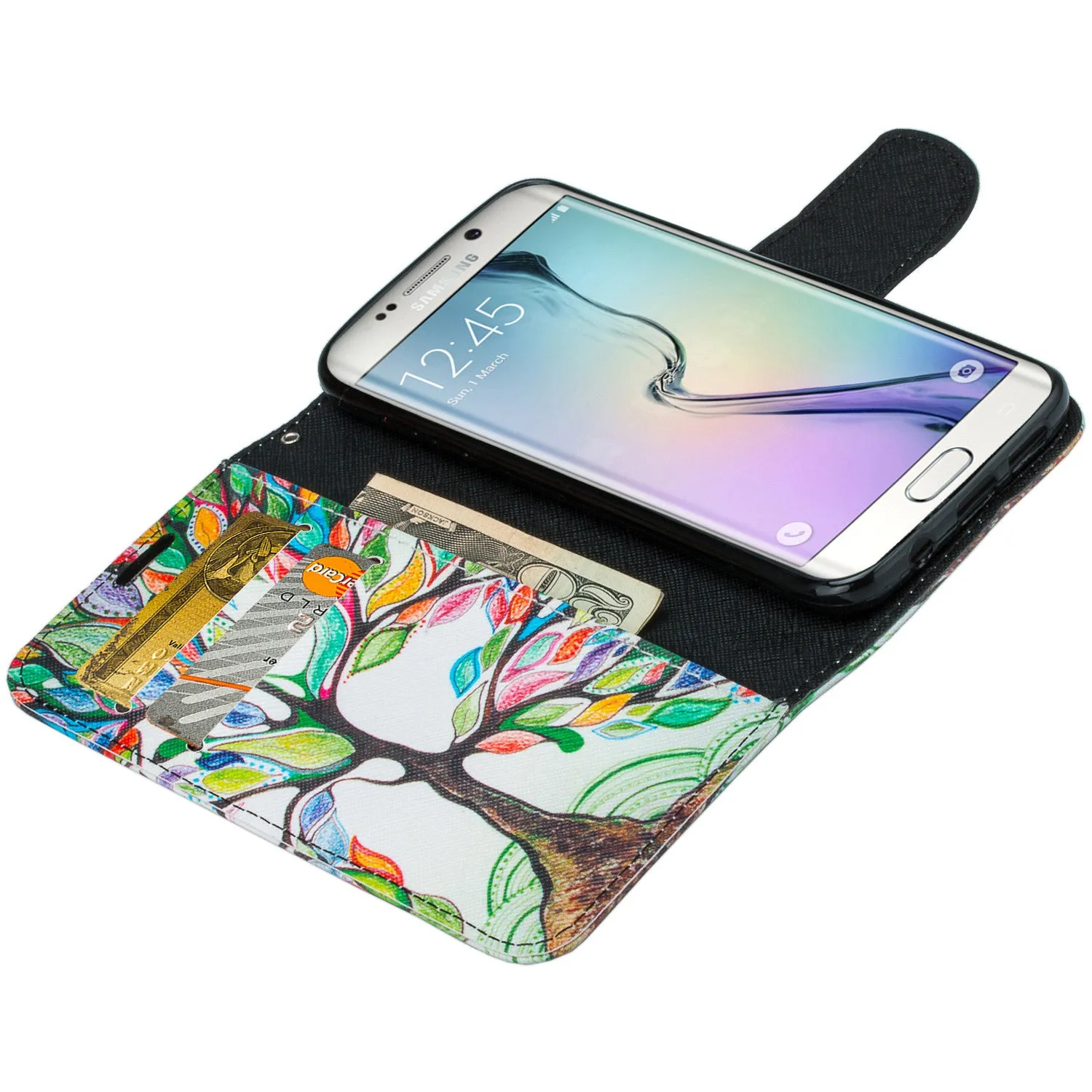 Samsung Galaxy S7 Edge Wallet Case, Wrist Strap Pu Leather Magnetic Flip Fold[Kickstand] with ID & Card Slots for Galaxy S7 Edge - Colorful Tree