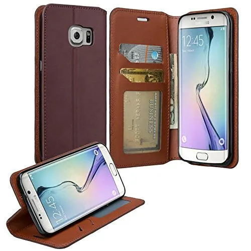 Samsung Galaxy S7 Genuine Leather Case, Magnetic Flip Fold[Kickstand] with ID & Card Slots Genuine Leather Wallet Case for Galaxy S7 - Brown