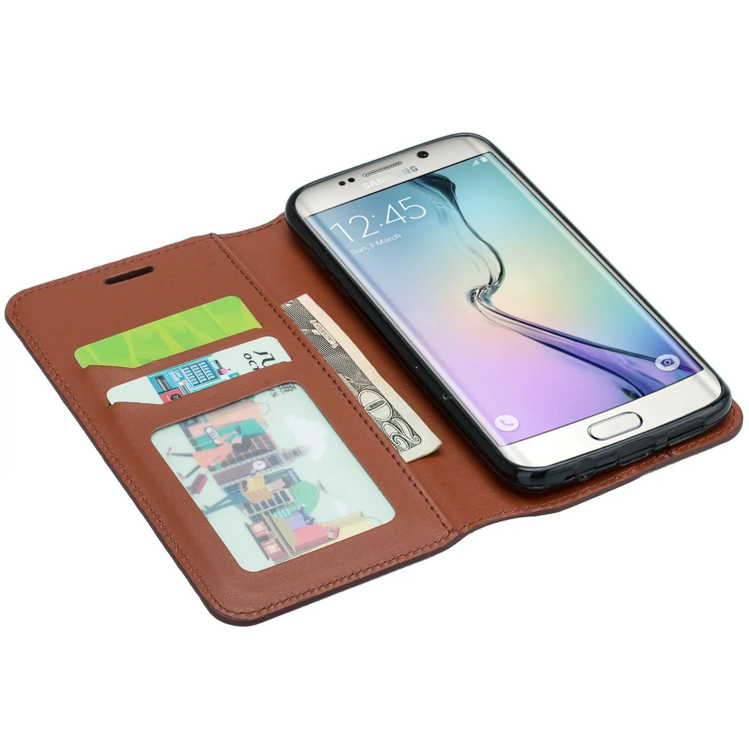 Samsung Galaxy S7 Genuine Leather Case, Magnetic Flip Fold[Kickstand] with ID & Card Slots Genuine Leather Wallet Case for Galaxy S7 - Brown