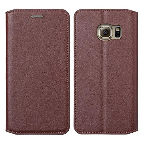 Samsung Galaxy S7 Genuine Leather Case, Magnetic Flip Fold[Kickstand] with ID & Card Slots Genuine Leather Wallet Case for Galaxy S7 - Brown