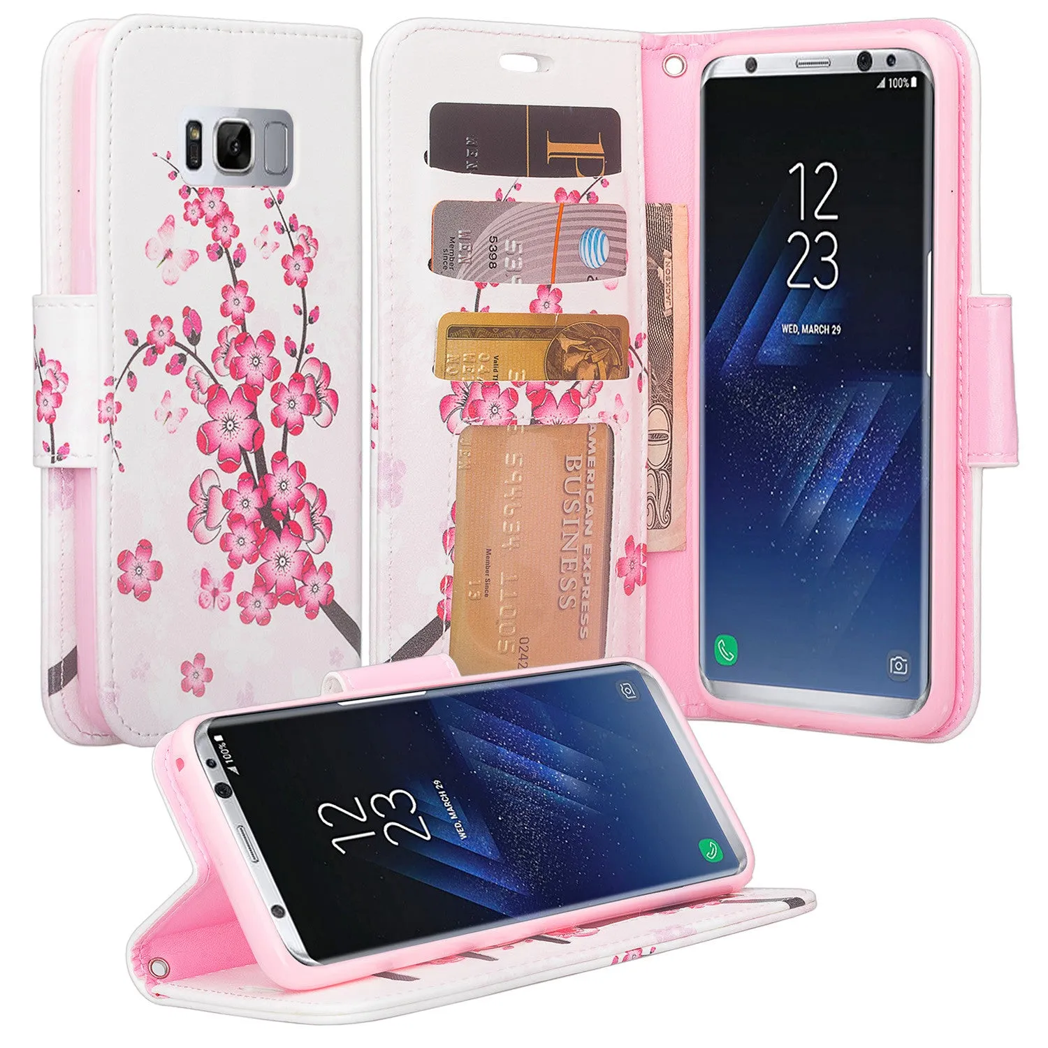 Samsung Galaxy S8 Case, SM-G950 Wallet Case, Wrist Strap Pu Leather Wallet Case [Kickstand] with ID & Credit Card Slots - Cherry Blossom