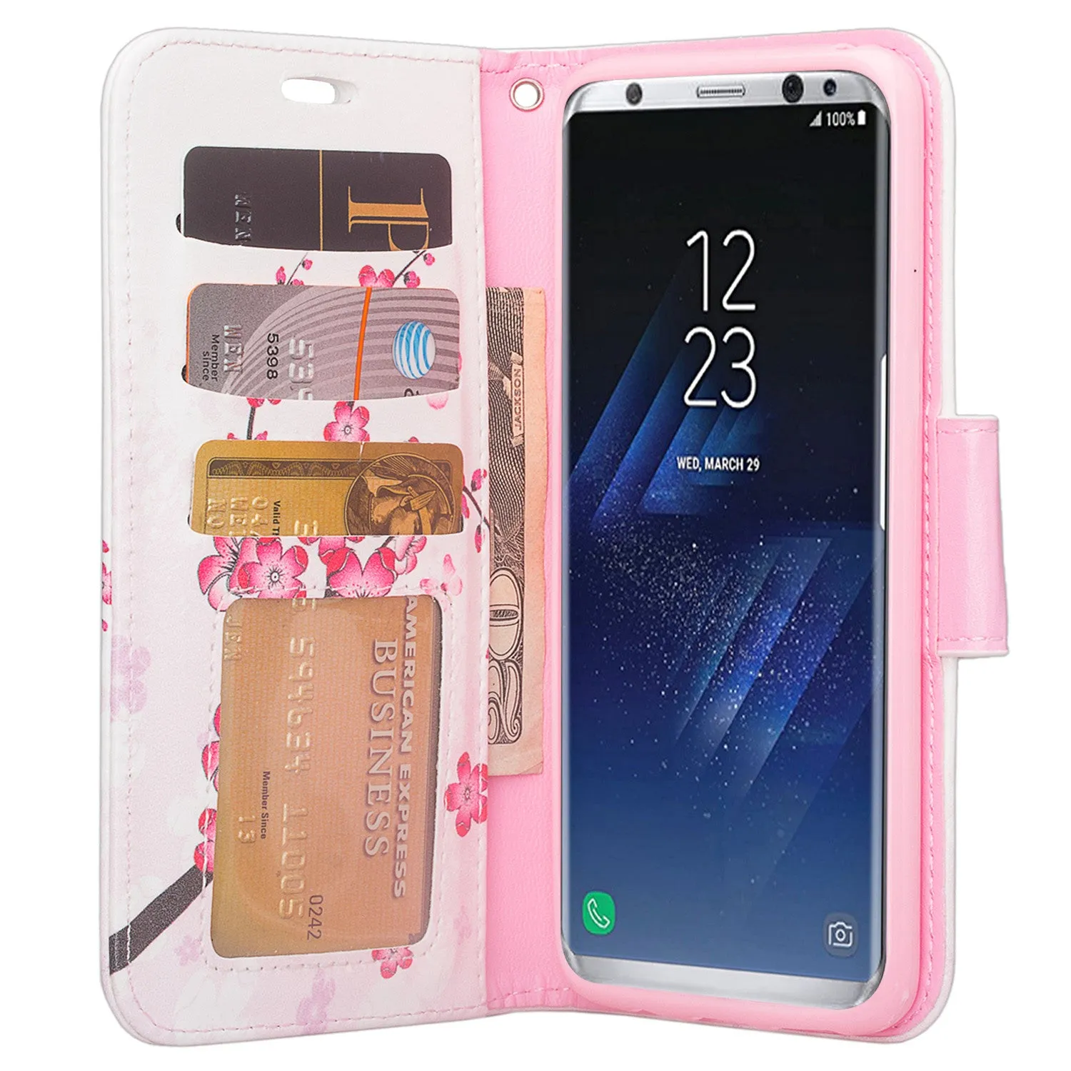 Samsung Galaxy S8 Case, SM-G950 Wallet Case, Wrist Strap Pu Leather Wallet Case [Kickstand] with ID & Credit Card Slots - Cherry Blossom