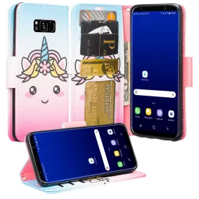 Samsung Galaxy S8 Plus Case, Wrist Strap Pu Leather Magnetic Fold[Kickstand] Wallet Case with ID & Credit Card Slots for Galaxy S8 Plus, SM-G955 - White Unicorn