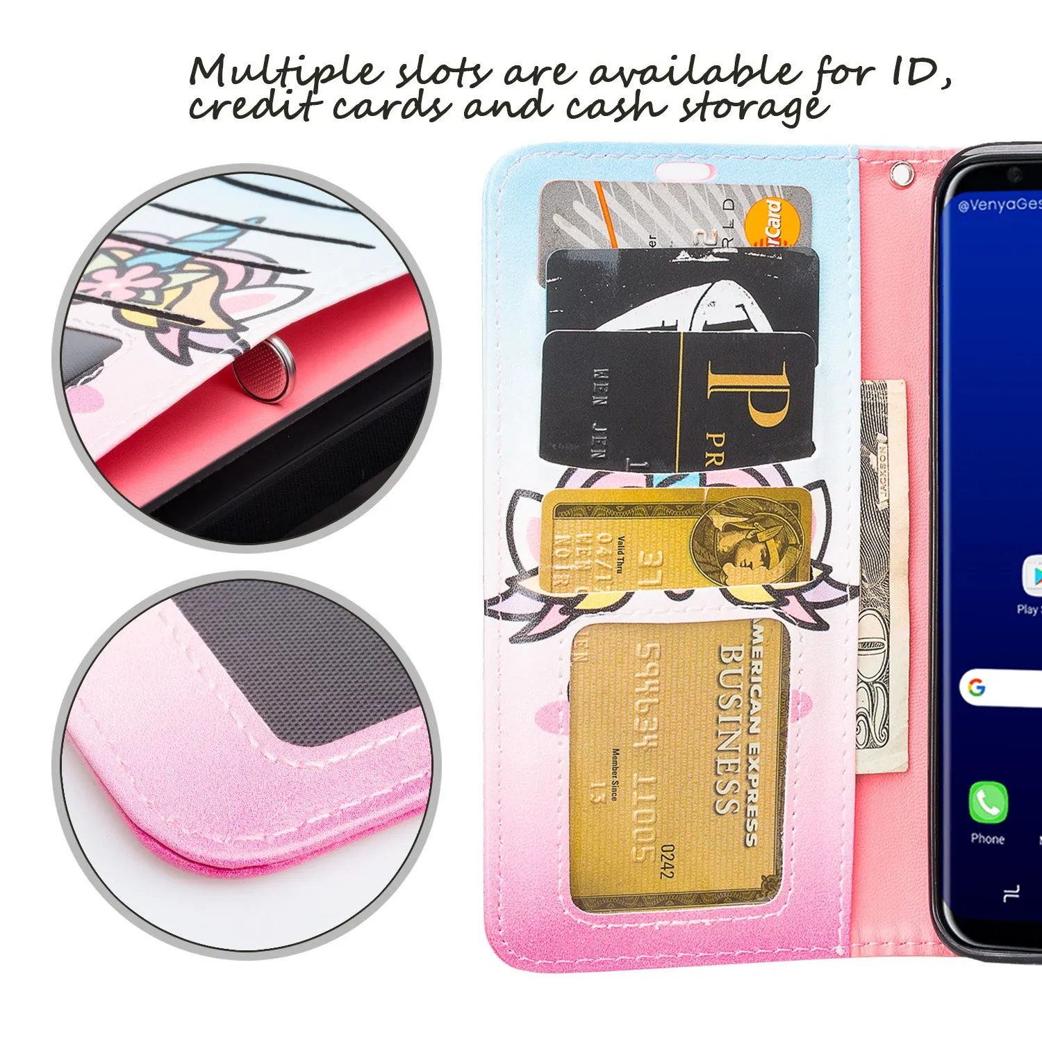 Samsung Galaxy S8 Plus Case, Wrist Strap Pu Leather Magnetic Fold[Kickstand] Wallet Case with ID & Credit Card Slots for Galaxy S8 Plus, SM-G955 - White Unicorn