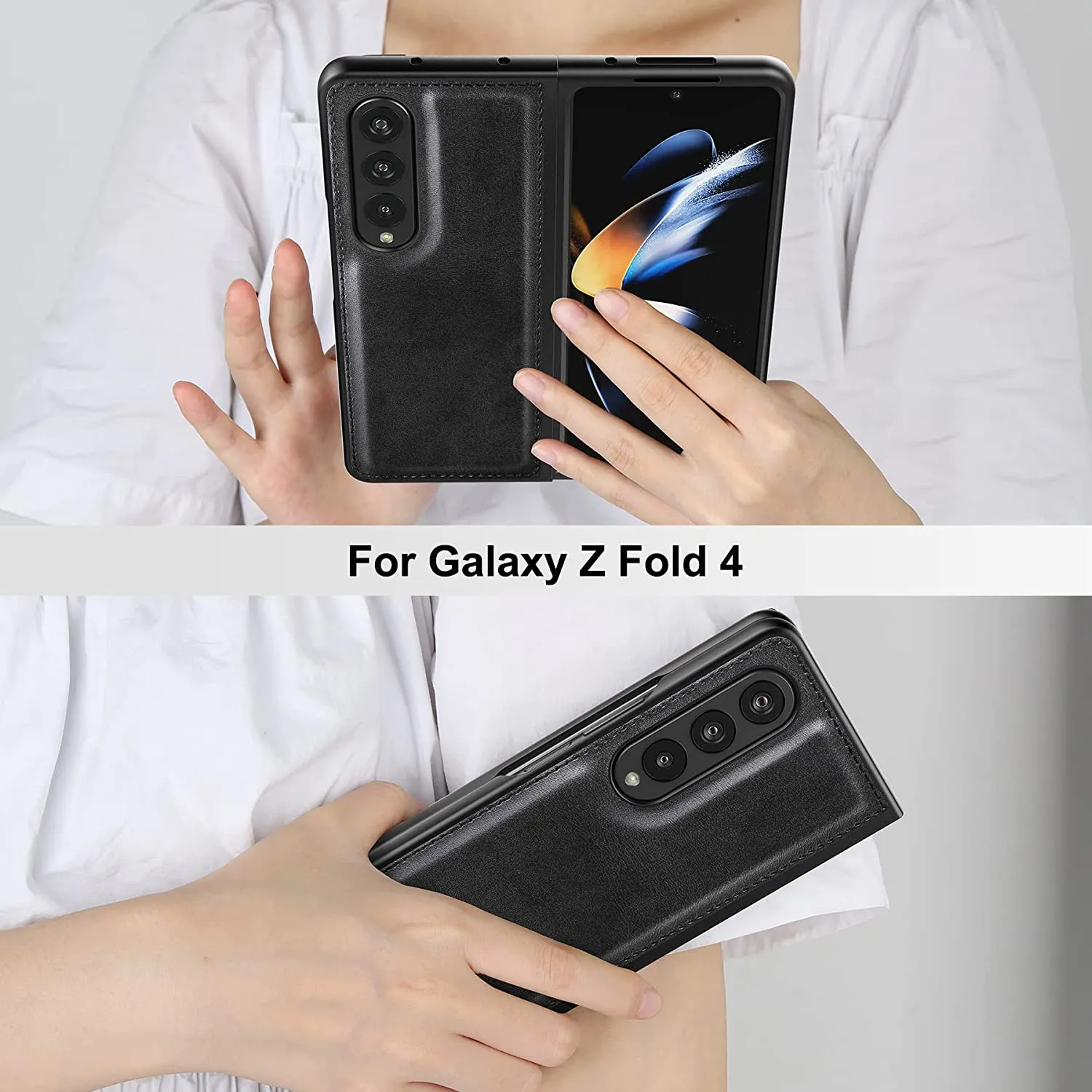 Samsung Galaxy Z Fold 4 5G Case, Galaxy Z Fold 4 Leather Case Black