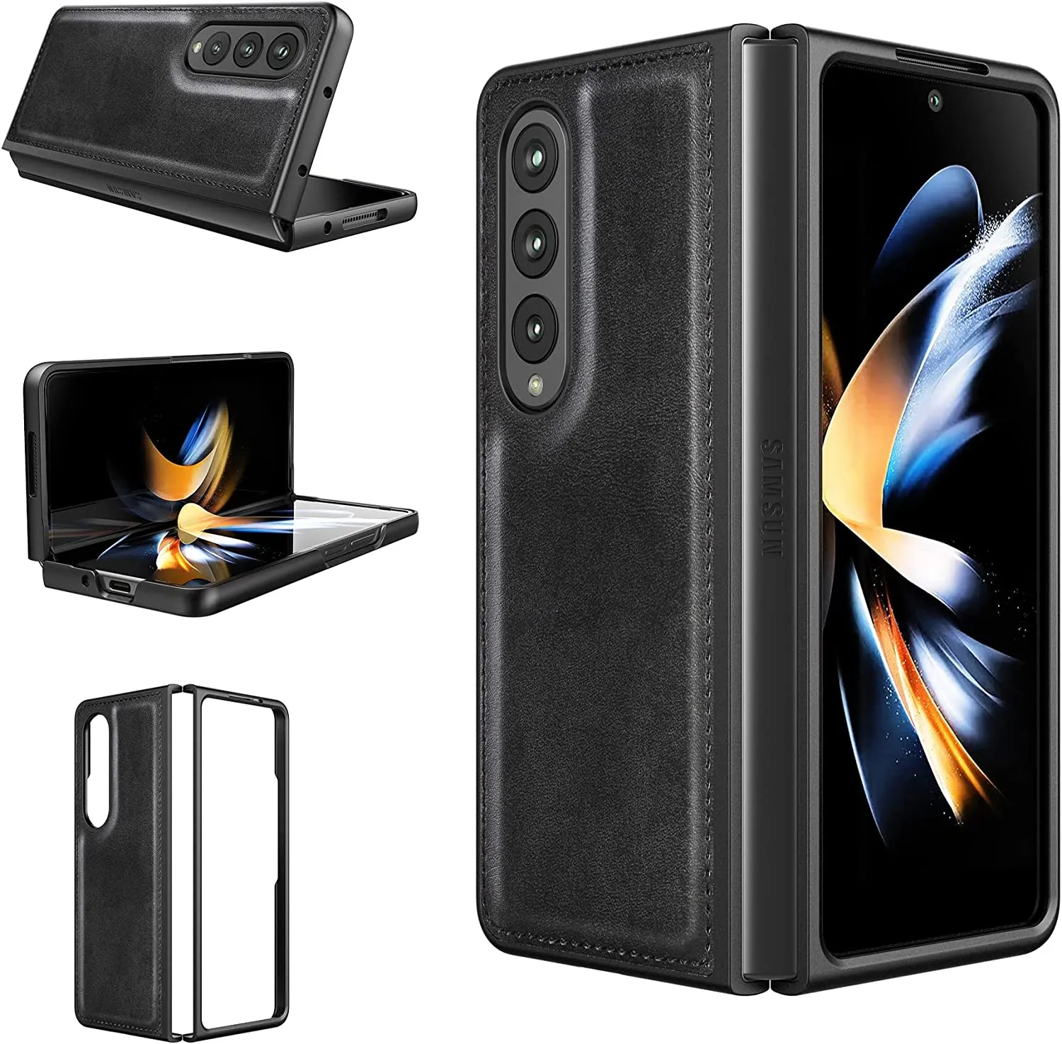 Samsung Galaxy Z Fold 4 5G Case, Galaxy Z Fold 4 Leather Case Black