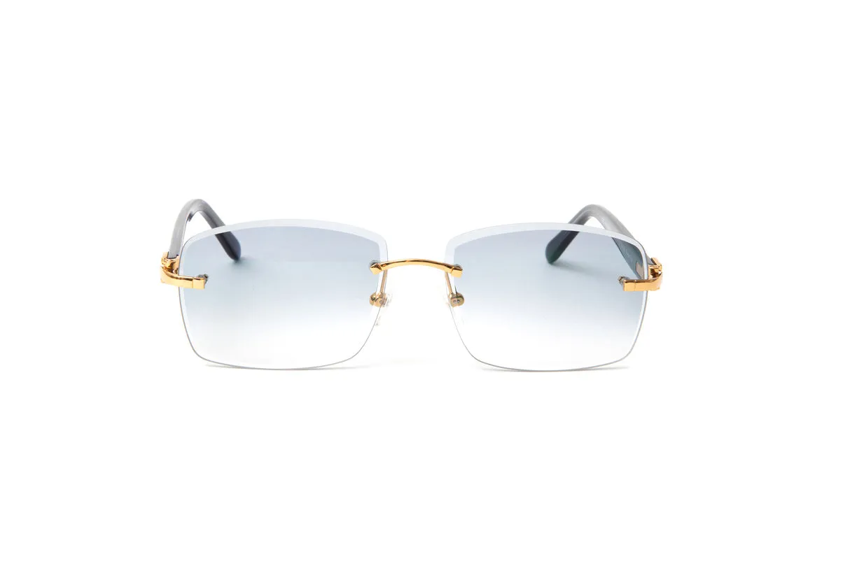 SANTOS 24KT Gold & Blue Acetate Sunglasses, Gradient Grey Rectangular Lenses