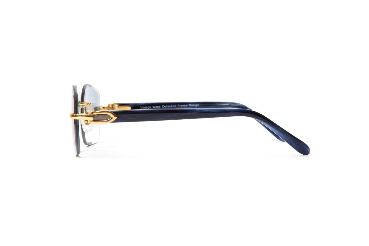 SANTOS 24KT Gold & Blue Acetate Sunglasses, Gradient Grey Rectangular Lenses