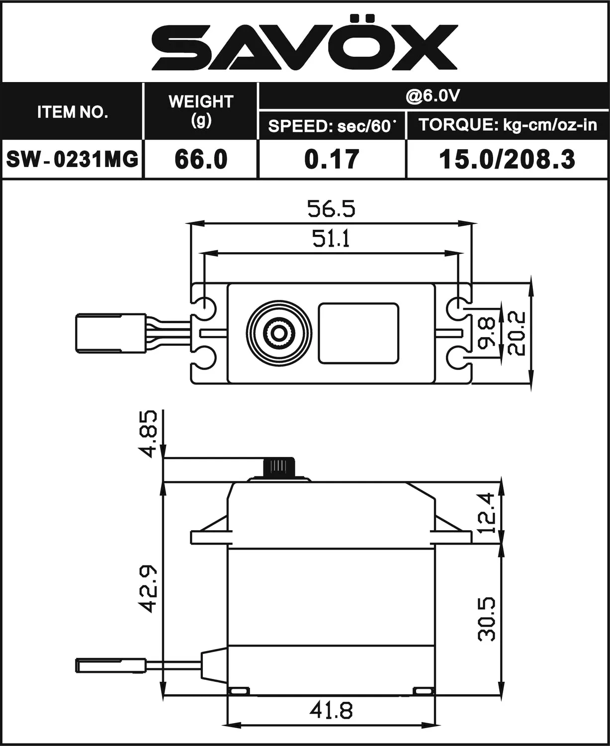 Savox WATERPROOF STD DIGITAL SERVO .15/208 SW0231MGP