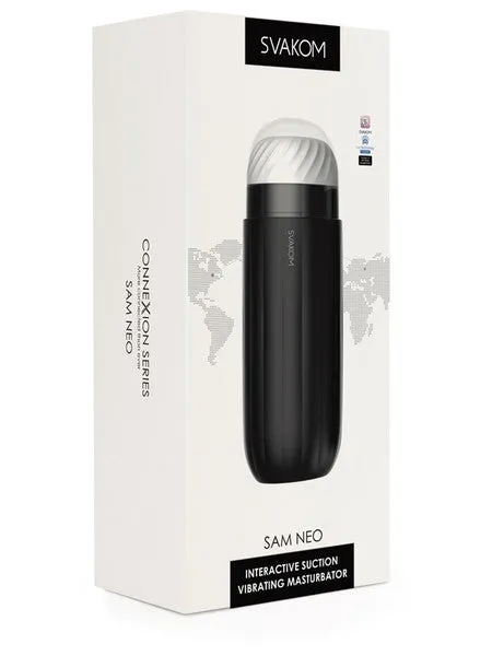 Svakom Sam Neo App Controlled Rechargeable Interactive Sucking Vibrating Masturbator Black