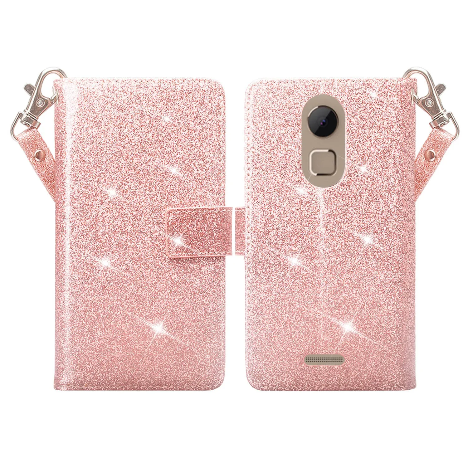 T-mobile REVVL  Plus, Coolpad REVVL Plus Case, [Wrist Strap] Glitter Faux Leather Flip [Kickstand] Wallet Cover Wristlet - Rose Gold