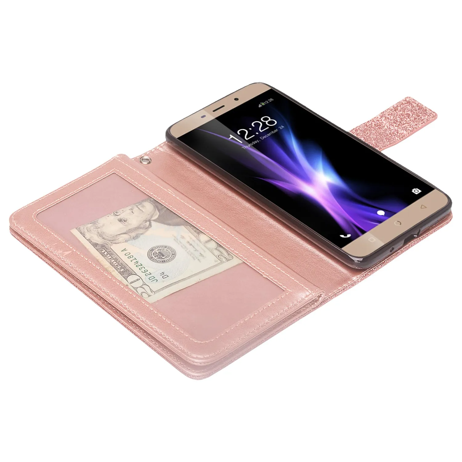 T-mobile REVVL  Plus, Coolpad REVVL Plus Case, [Wrist Strap] Glitter Faux Leather Flip [Kickstand] Wallet Cover Wristlet - Rose Gold