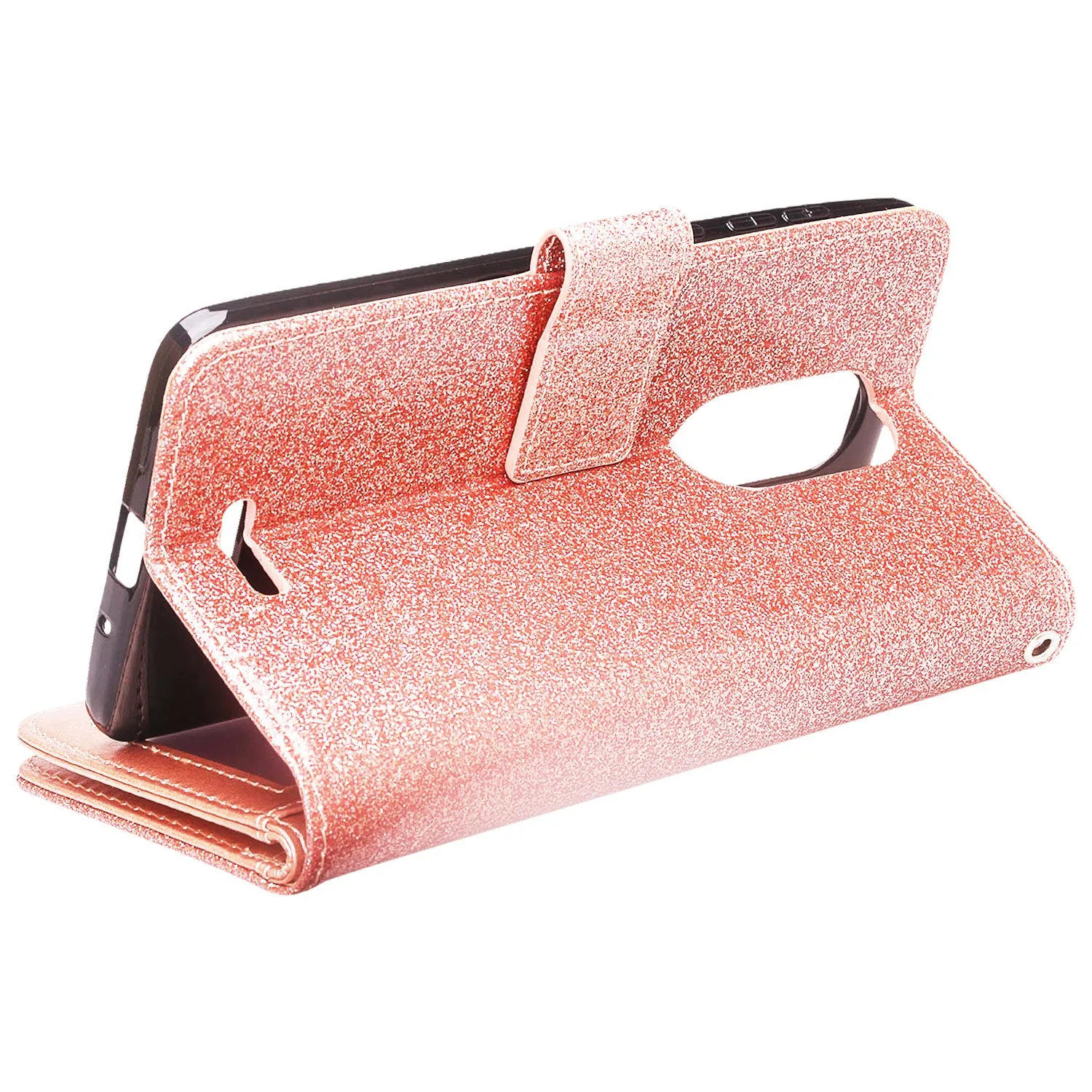 T-mobile REVVL  Plus, Coolpad REVVL Plus Case, [Wrist Strap] Glitter Faux Leather Flip [Kickstand] Wallet Cover Wristlet - Rose Gold