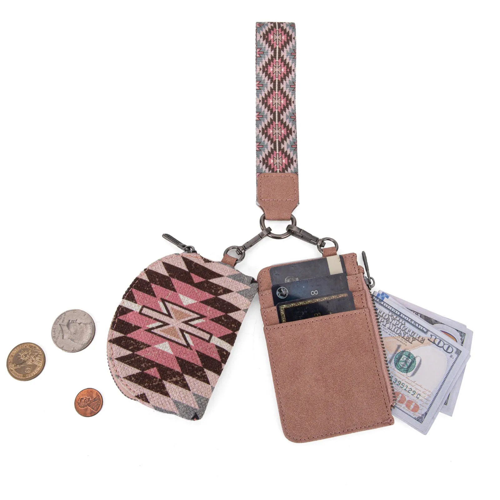 WG2213-W0051  Wrangler Southwestern Art Print Dual Pouch Wristlet -Dark Pink