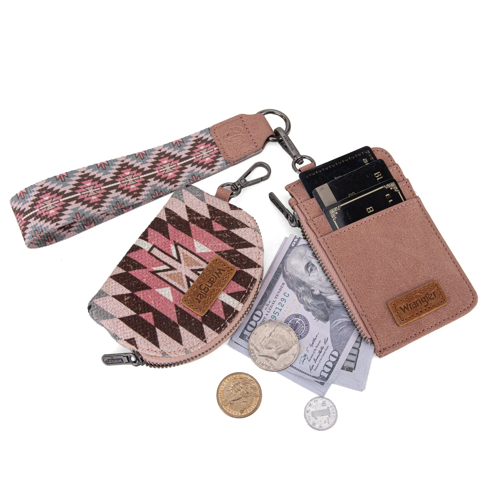 WG2213-W0051  Wrangler Southwestern Art Print Dual Pouch Wristlet -Dark Pink