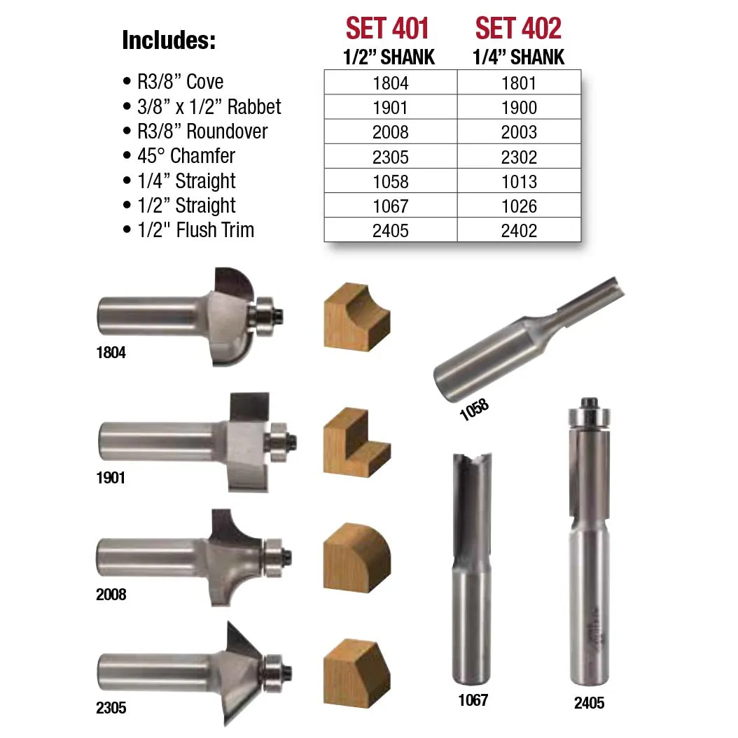 Whiteside, #402 Basic Router Bit Set, 1/4" Shank, Set/7