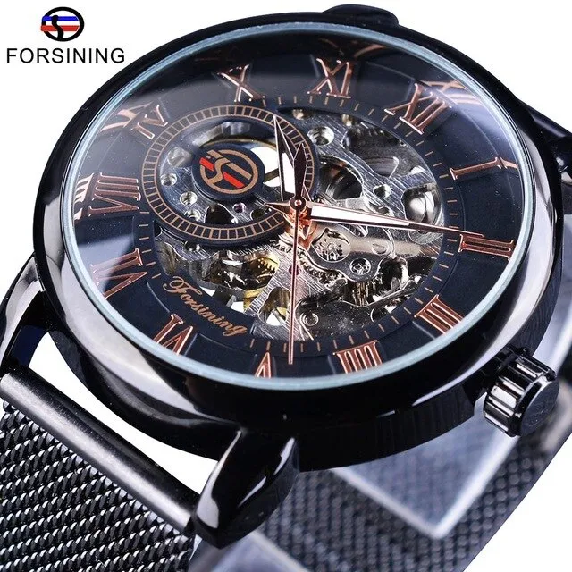 Winner Thin Case Full Golden Design Retro Openwork Clock Mesh Band Men's Mechanical Watch