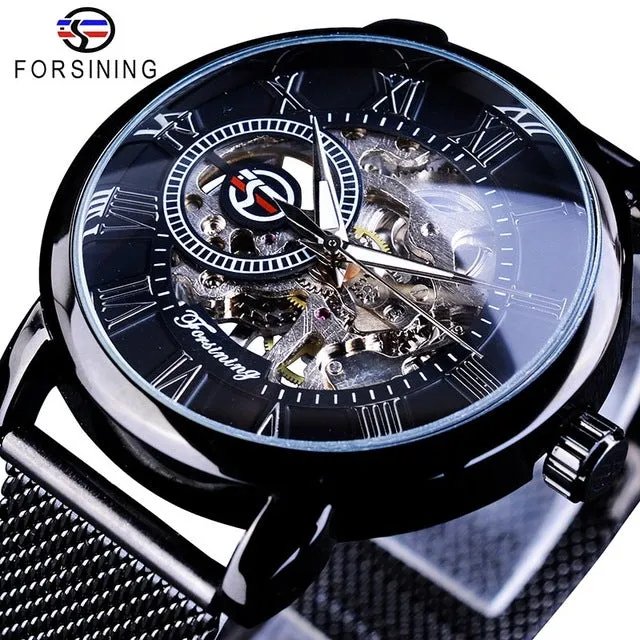 Winner Thin Case Full Golden Design Retro Openwork Clock Mesh Band Men's Mechanical Watch