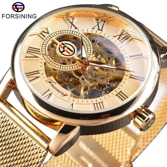 Winner Thin Case Full Golden Design Retro Openwork Clock Mesh Band Men's Mechanical Watch