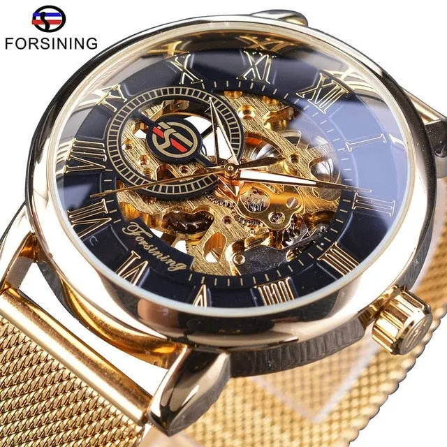 Winner Thin Case Full Golden Design Retro Openwork Clock Mesh Band Men's Mechanical Watch