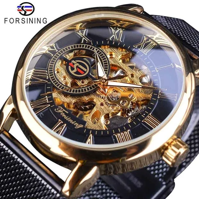 Winner Thin Case Full Golden Design Retro Openwork Clock Mesh Band Men's Mechanical Watch