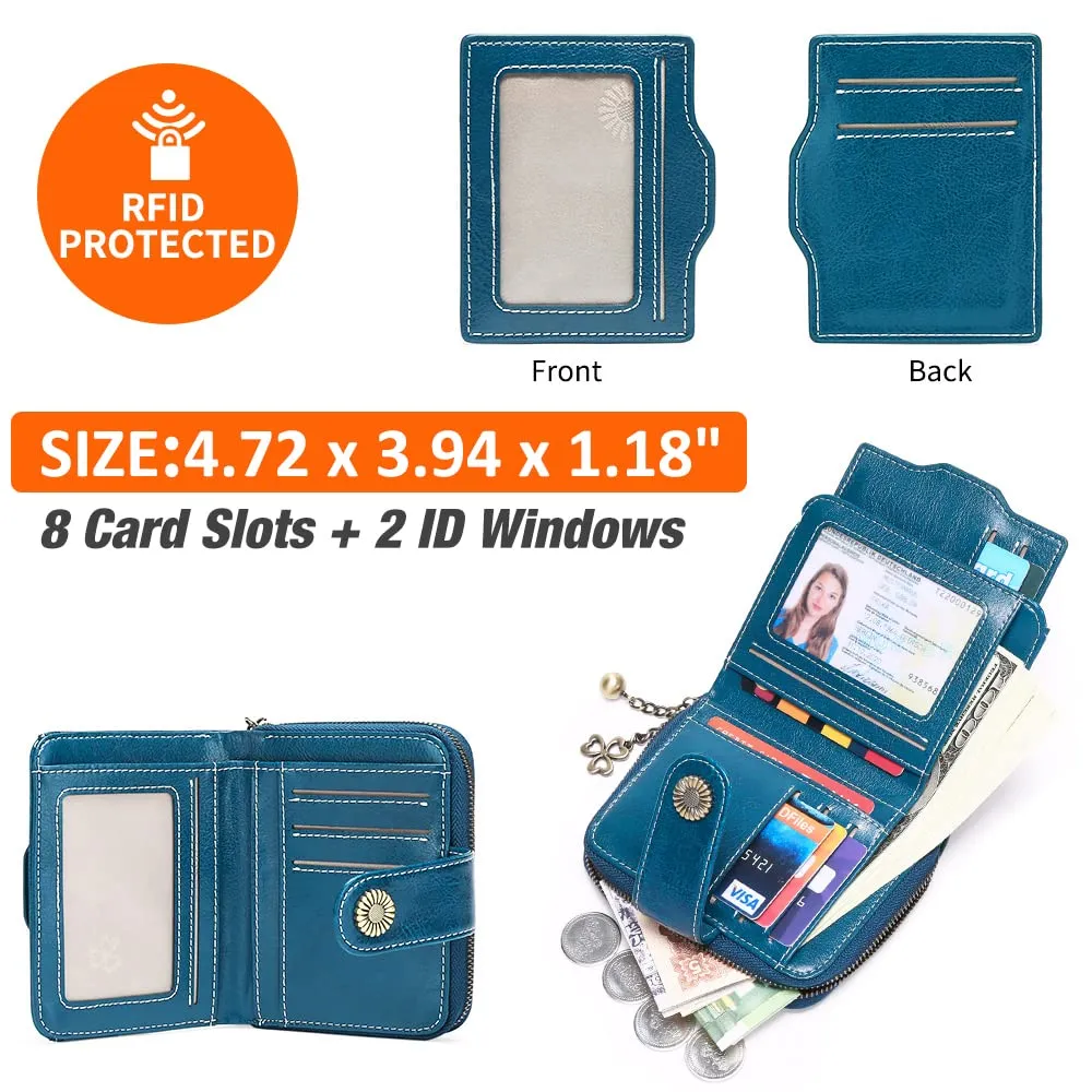 Women Wallets Leather Small RFID Blocking Bifold Zipper Pocket Card Holder with ID Window