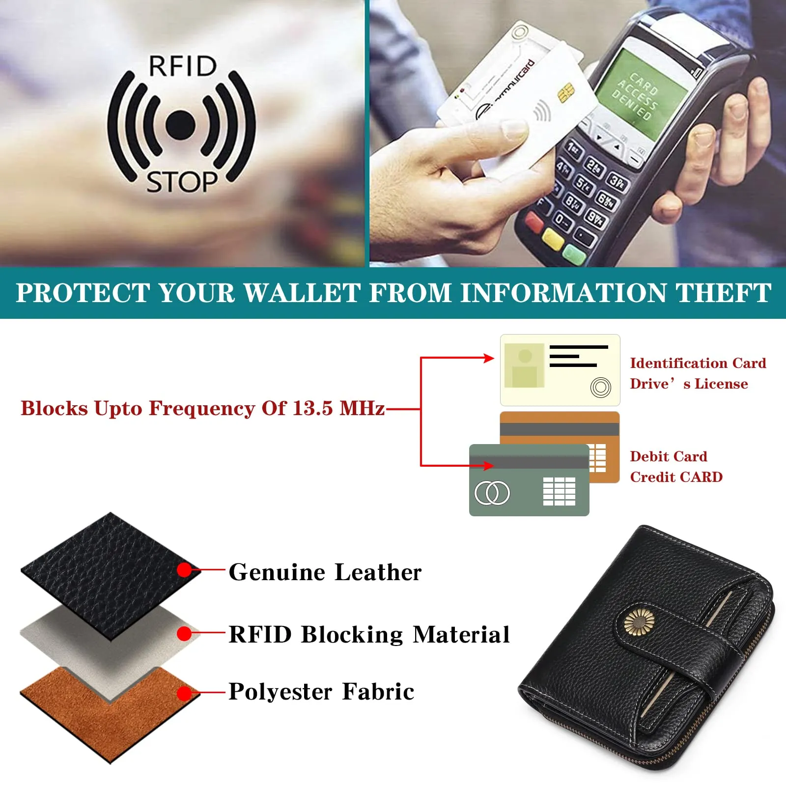 Women Wallets Leather Small RFID Blocking Bifold Zipper Pocket Card Holder with ID Window