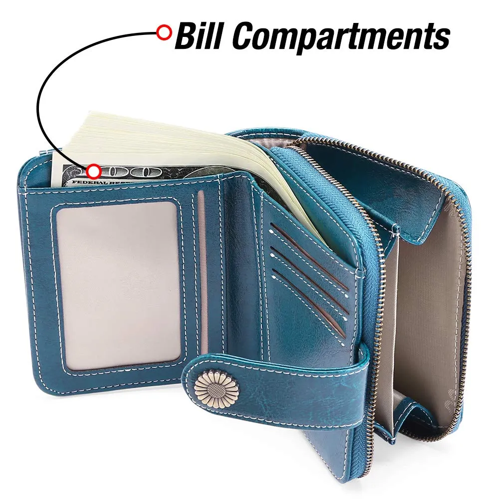 Women Wallets Leather Small RFID Blocking Bifold Zipper Pocket Card Holder with ID Window