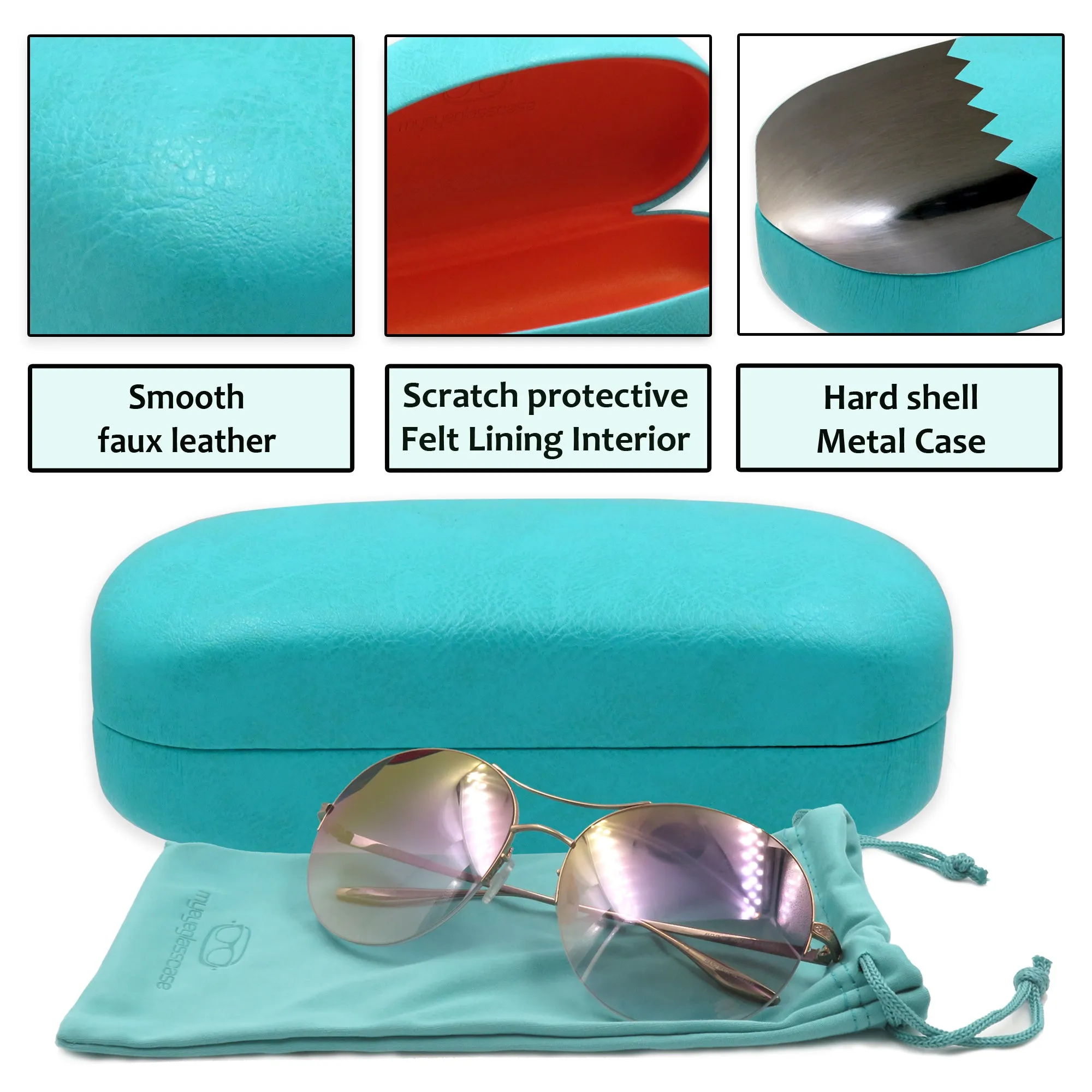 Women XL Large straight sunglasses Case - men hard eyeglass case w/ Cloth pouch (AS505 Turquoise)